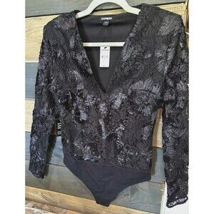 NWT Express Black Lace Sheer Embroidered V-Neck Long Sleeve Thong Bodysuit S
